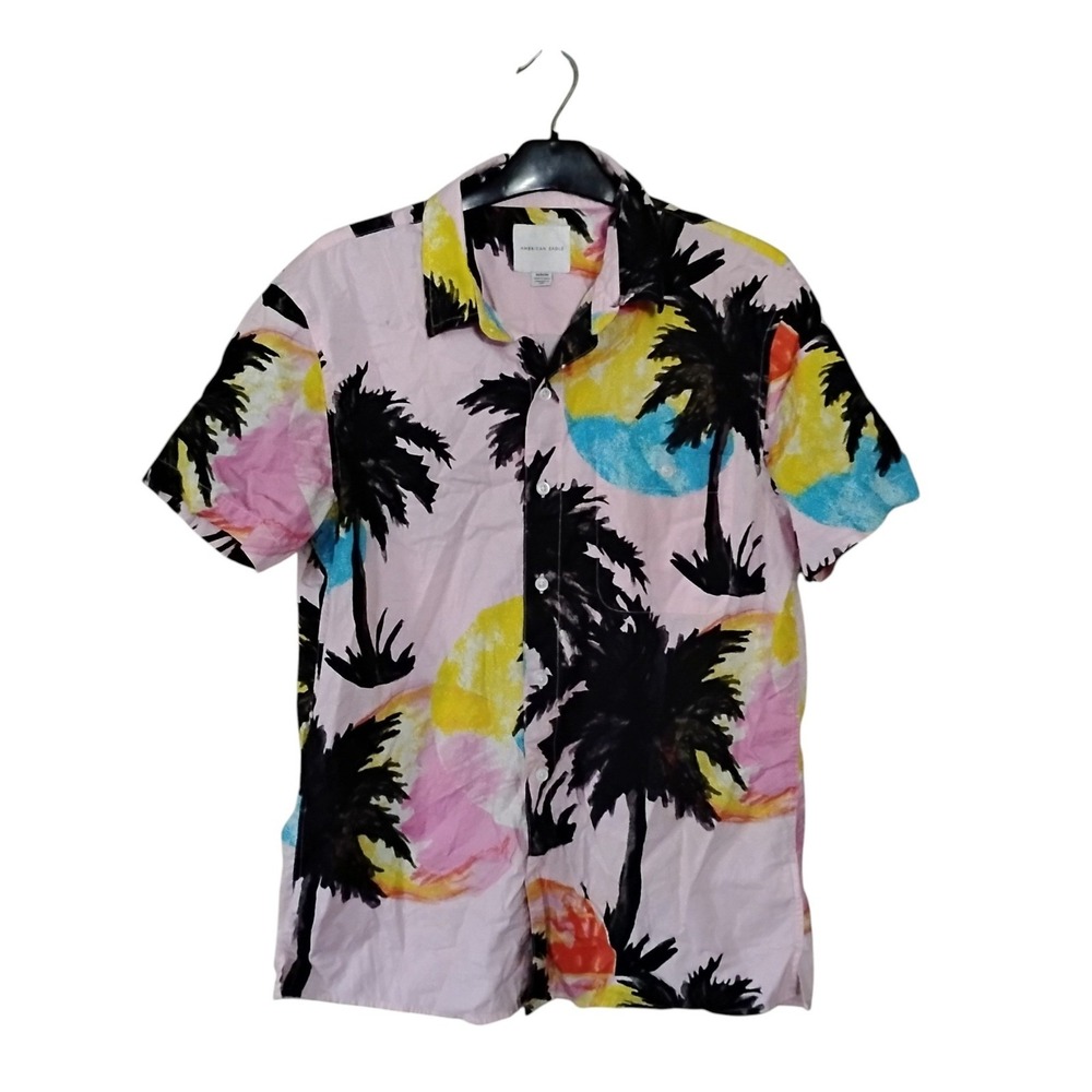 American Eagle Mens Medium Pink Tropical Palm Tree Sunset Button Up Shirt Cotton